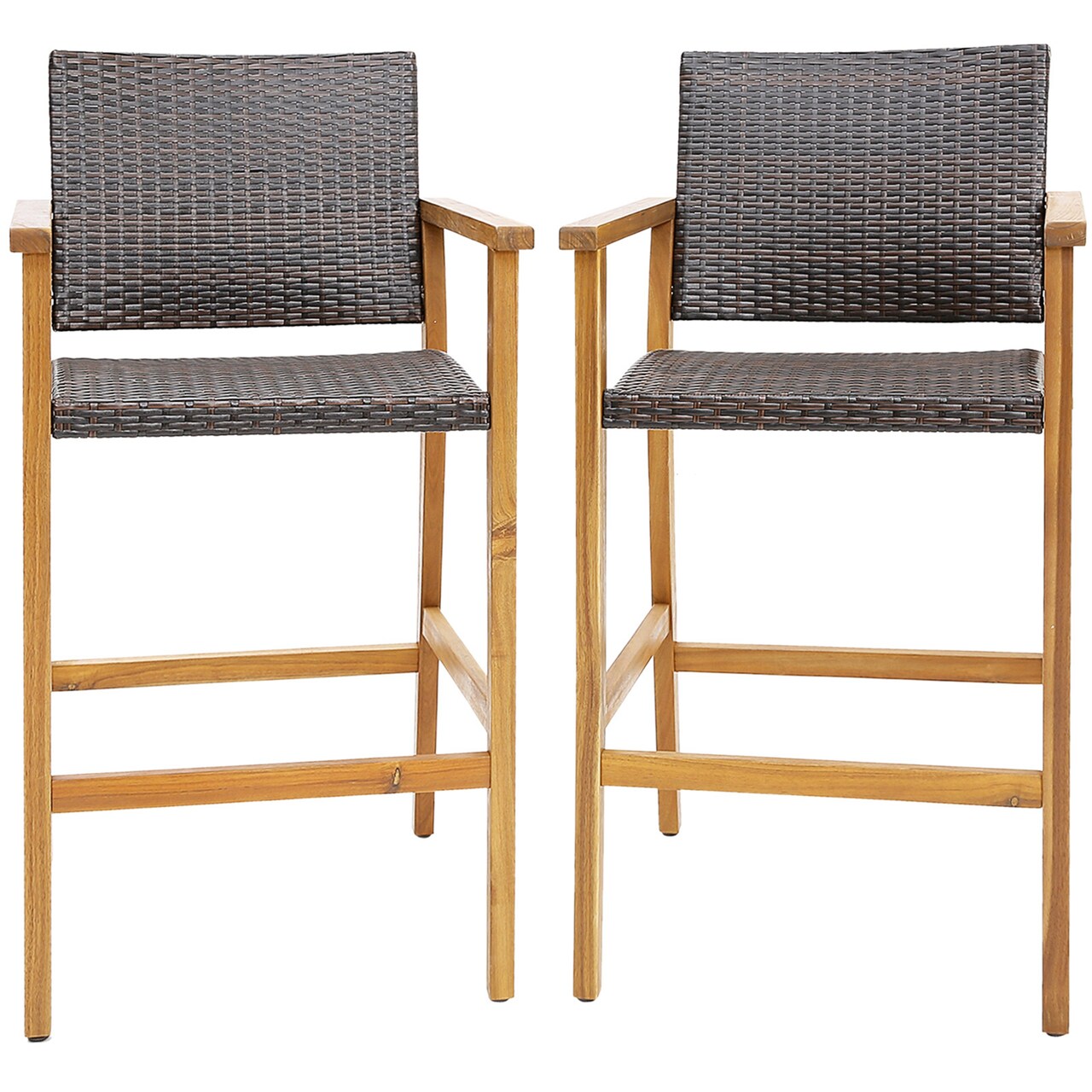 Costway 2PCS/4PCS Patio PE Wicker Bar Chairs Height Barstools with Acacia Wood Armrests Balcony